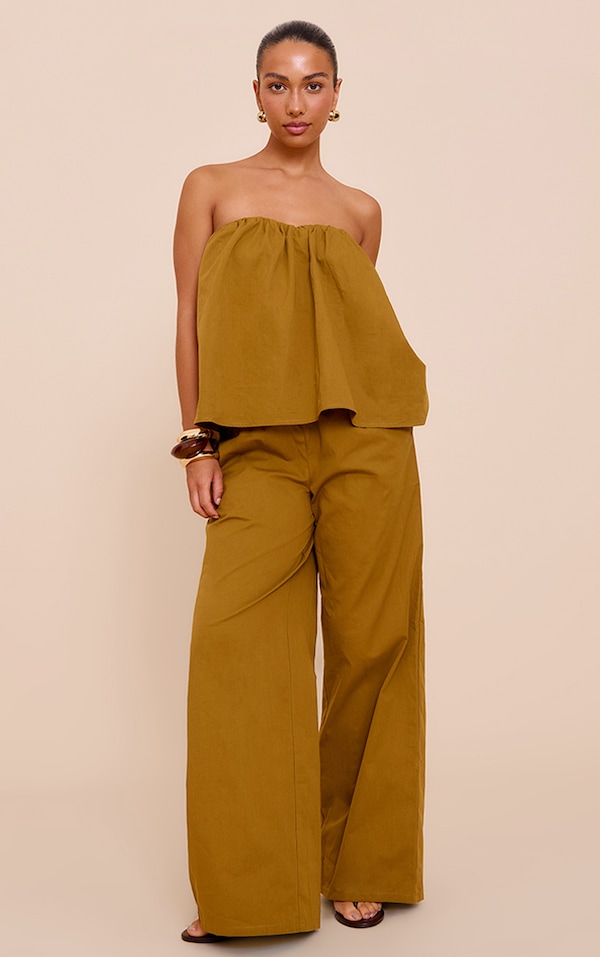  Olive Cotton Woven Elasticated Waist Wide Leg Pant