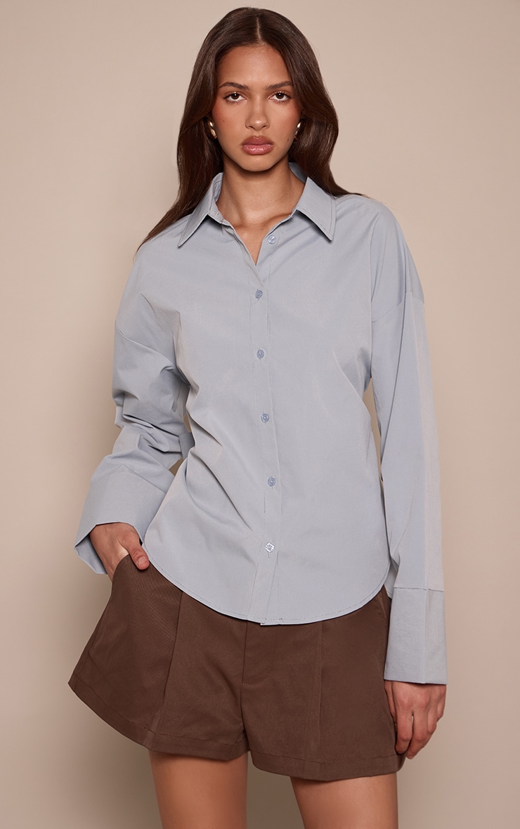 Light Blue Cotton Tie Back Detail Oversized Shirt image 2