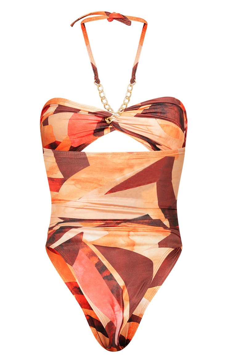 Plus Orange Abstract Print Bandeau Chain Cut Out Swimsuit image 2