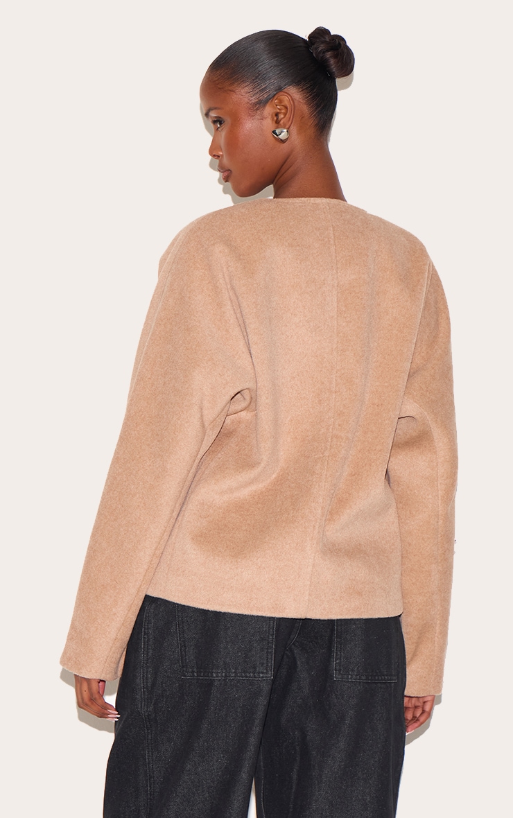Mocha Wool Look Button Up V Neck Jacket image 2
