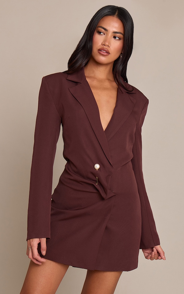 Robe blazer asymétrique tissée chocolat empiècement
