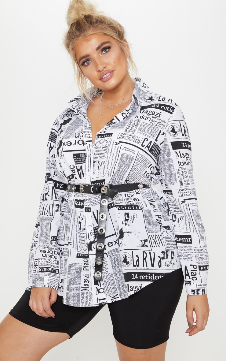 Newspaper print shirt plus size clearance