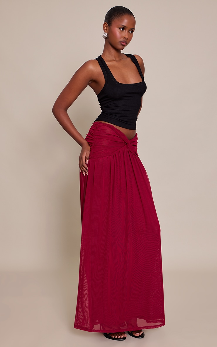 Burgundy Mesh Twist Front Detail Floaty Maxi Skirt  image 2