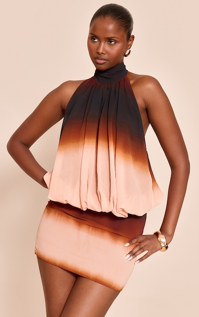 Chocolate Ombre Print Chiffon Halter Neck Puff Ball Top