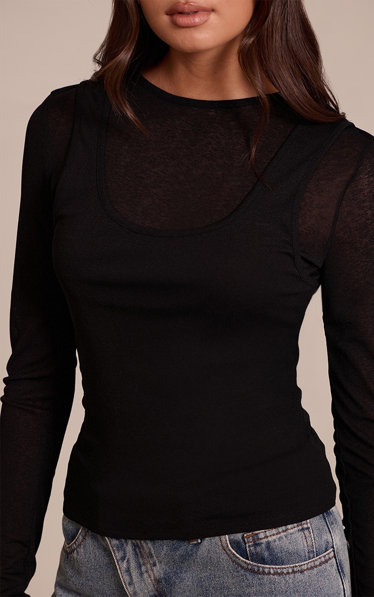 Black Burnout Mesh Overlay Detail Long Sleeve Top  image 4