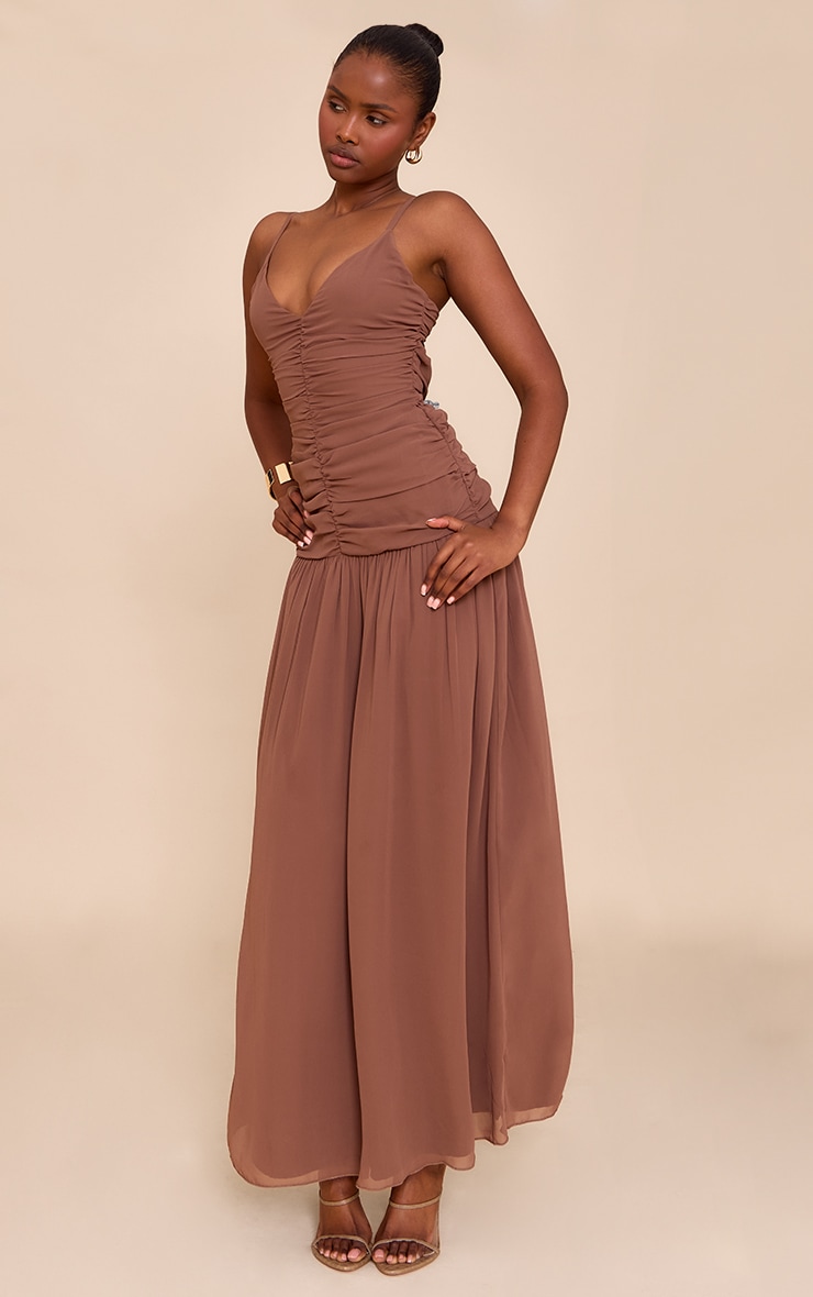 Chocolate Chiffon Ruched Dropped Waist Maxi Dress image 3