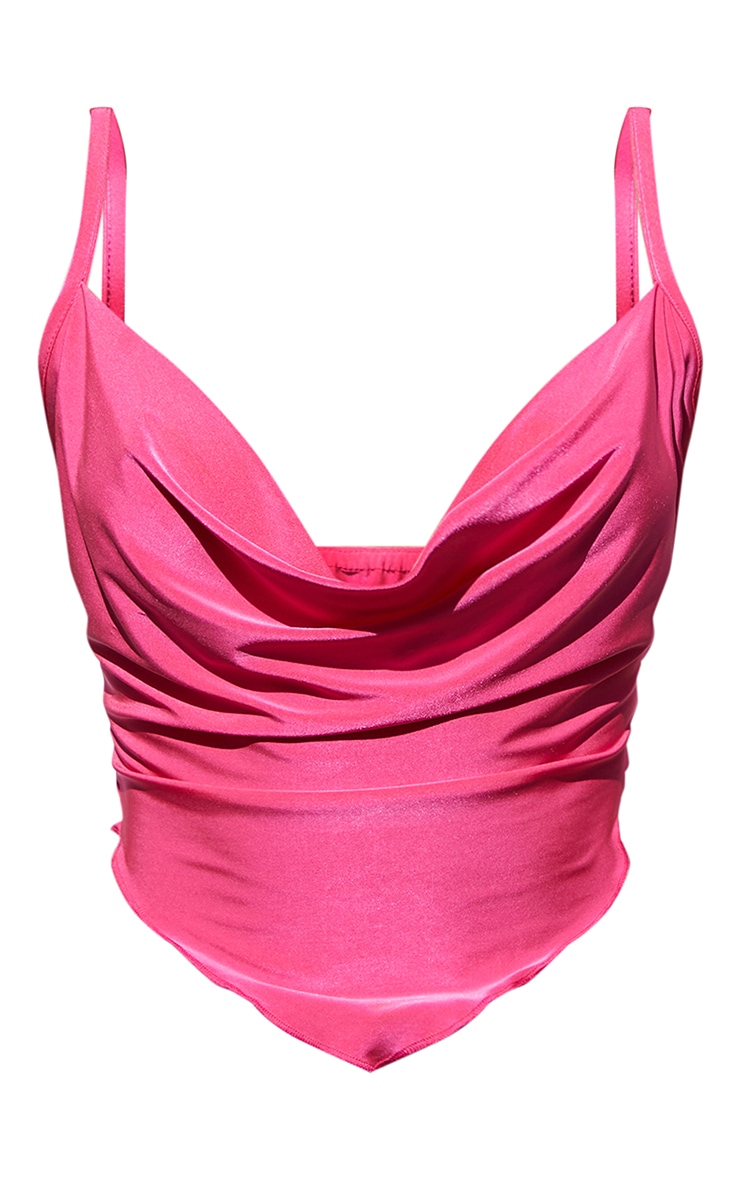 Hot Pink Slinky Cowl Neck Pointed Hem Crop Top image 1