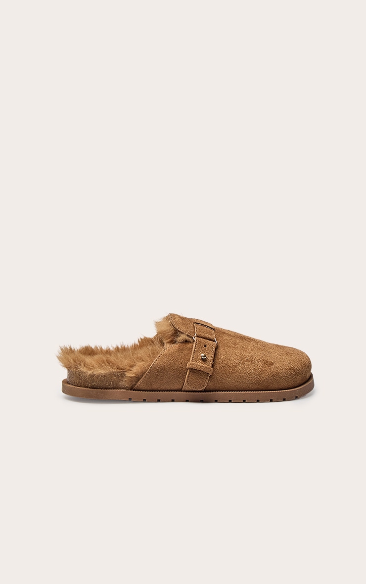 Chestnut Faux Suede Faux Fur Lined Buckle Mules image 2