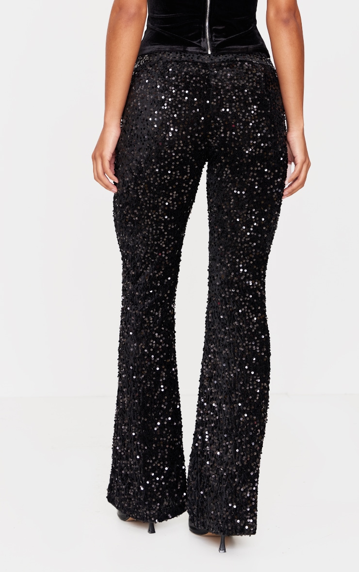 Black Sequin Velvet Flared Pants image 3