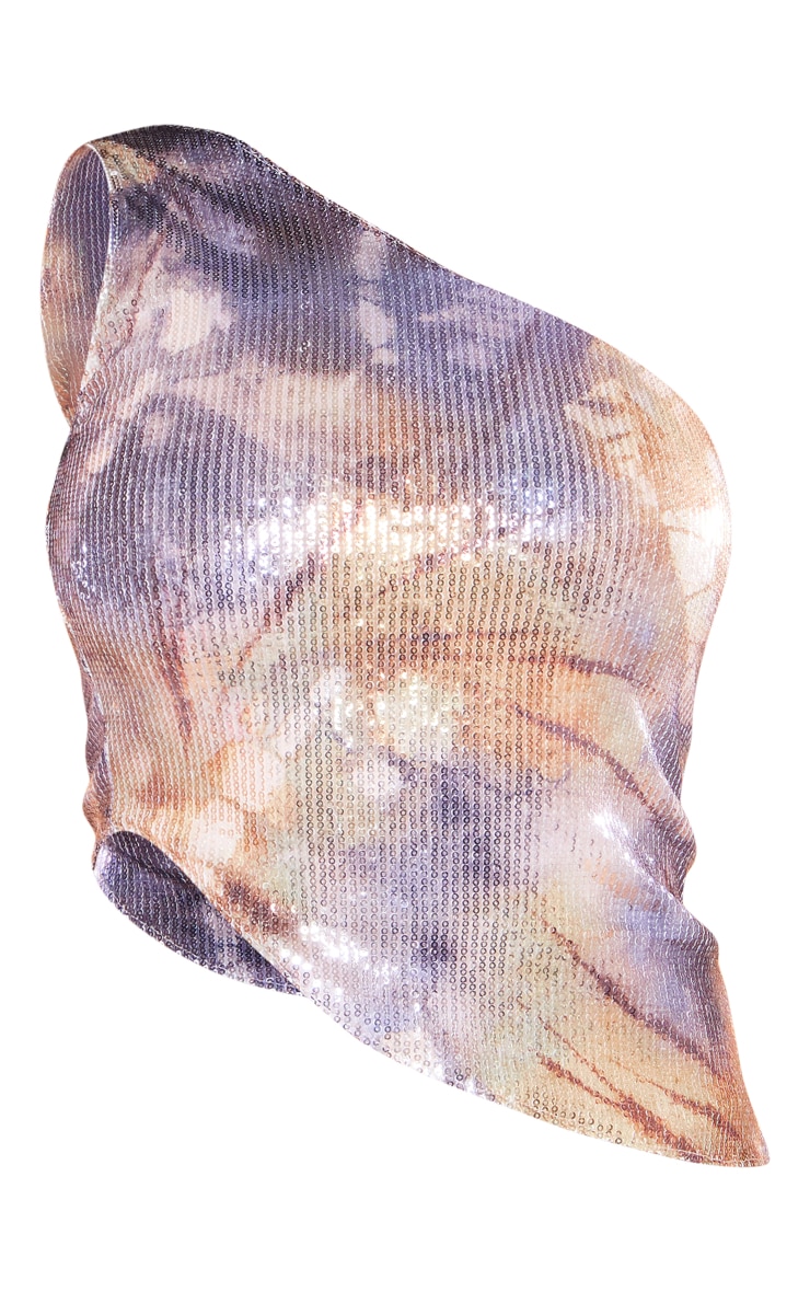 Gold Printed Sequin One Shoulder Asymmetric Top image 1