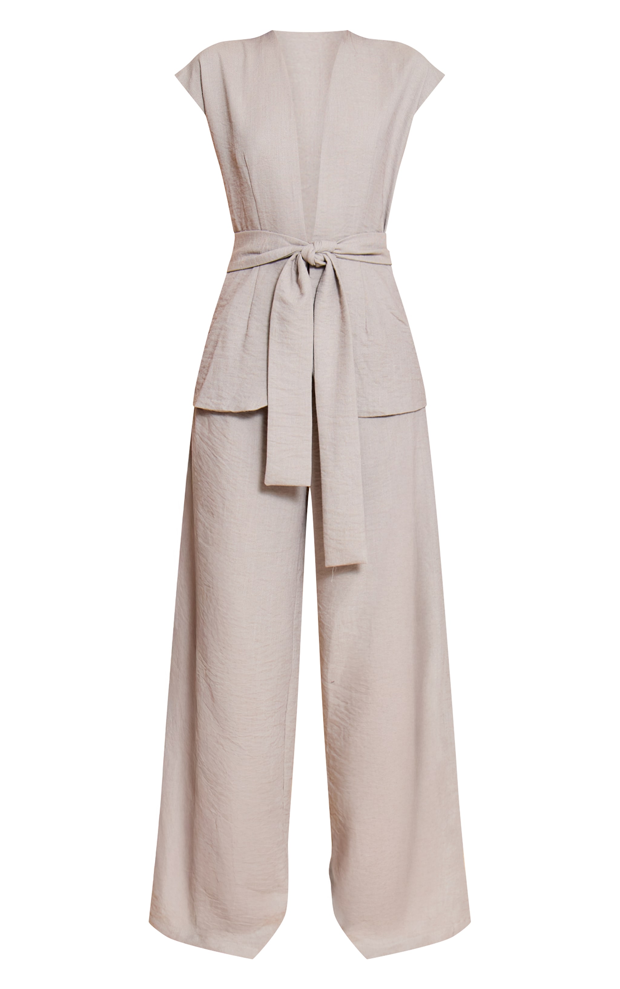 Taupe Textured Tie Waist Jumpsuit image 5