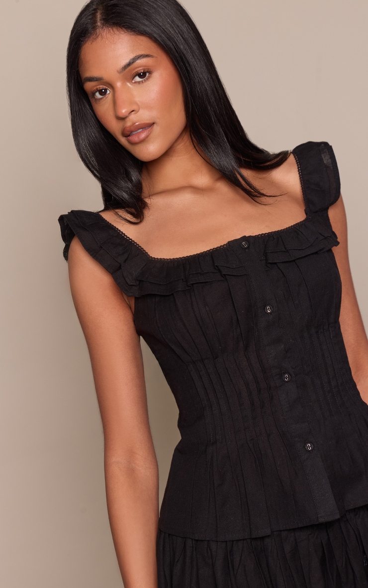 Tall Black Cotton Square Frill Neck Pleated Top