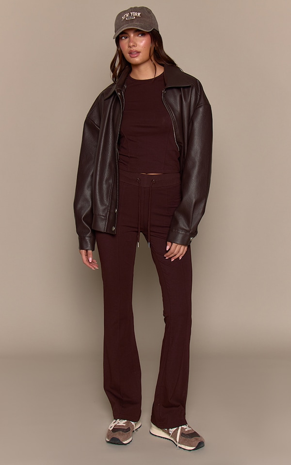 Dark Brown Cotton Seam Detail Mid Rise Skinny Flares