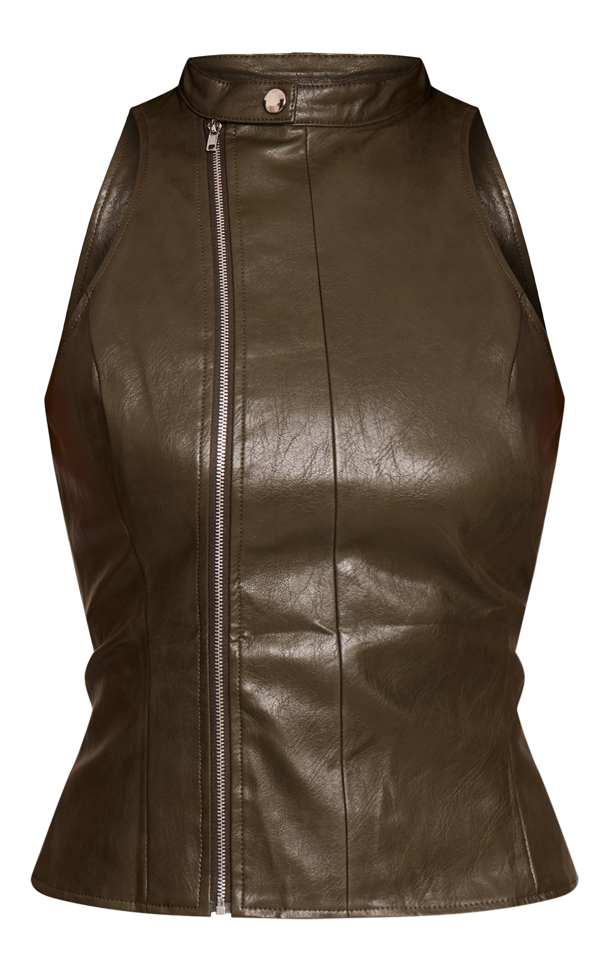 Khaki Faux Leather Zip Up Sleeveless Top image 5