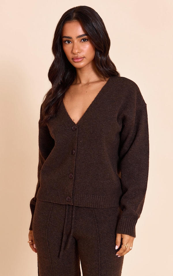 Petite Cardigan en maille tricot chocolat à col en V et boutons