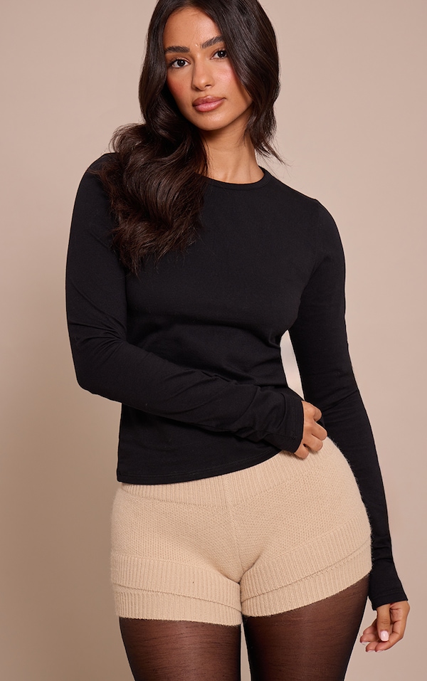 Petite Oatmeal Rib Detail Knitted Mini Shorts