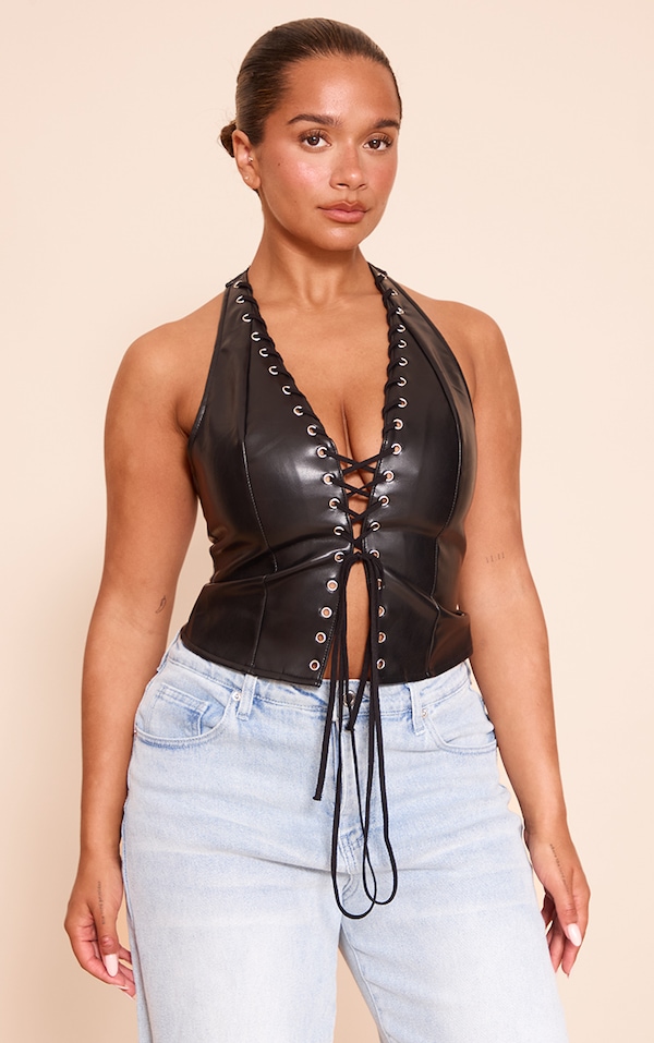 Shape BLACK Faux Leather Halter Neck Lace Up Corset