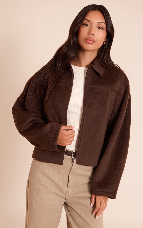 Chocoalate PU Collar Zip Up Jacket