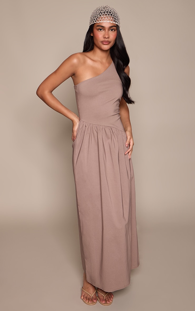 Taupe Stretch Woven One Shoulder Maxi Dress