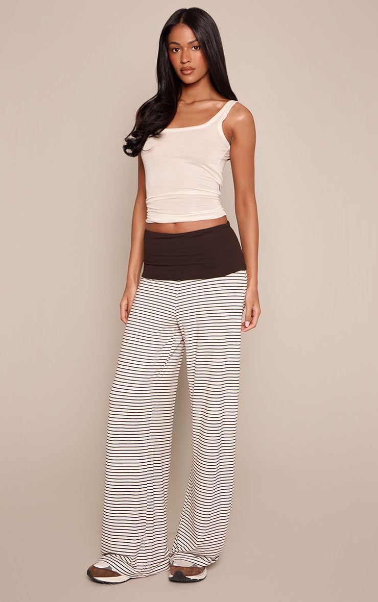 Tall Chocolate Striped Contrast Waistband Soft Jersey Wide Leg Pants image 2