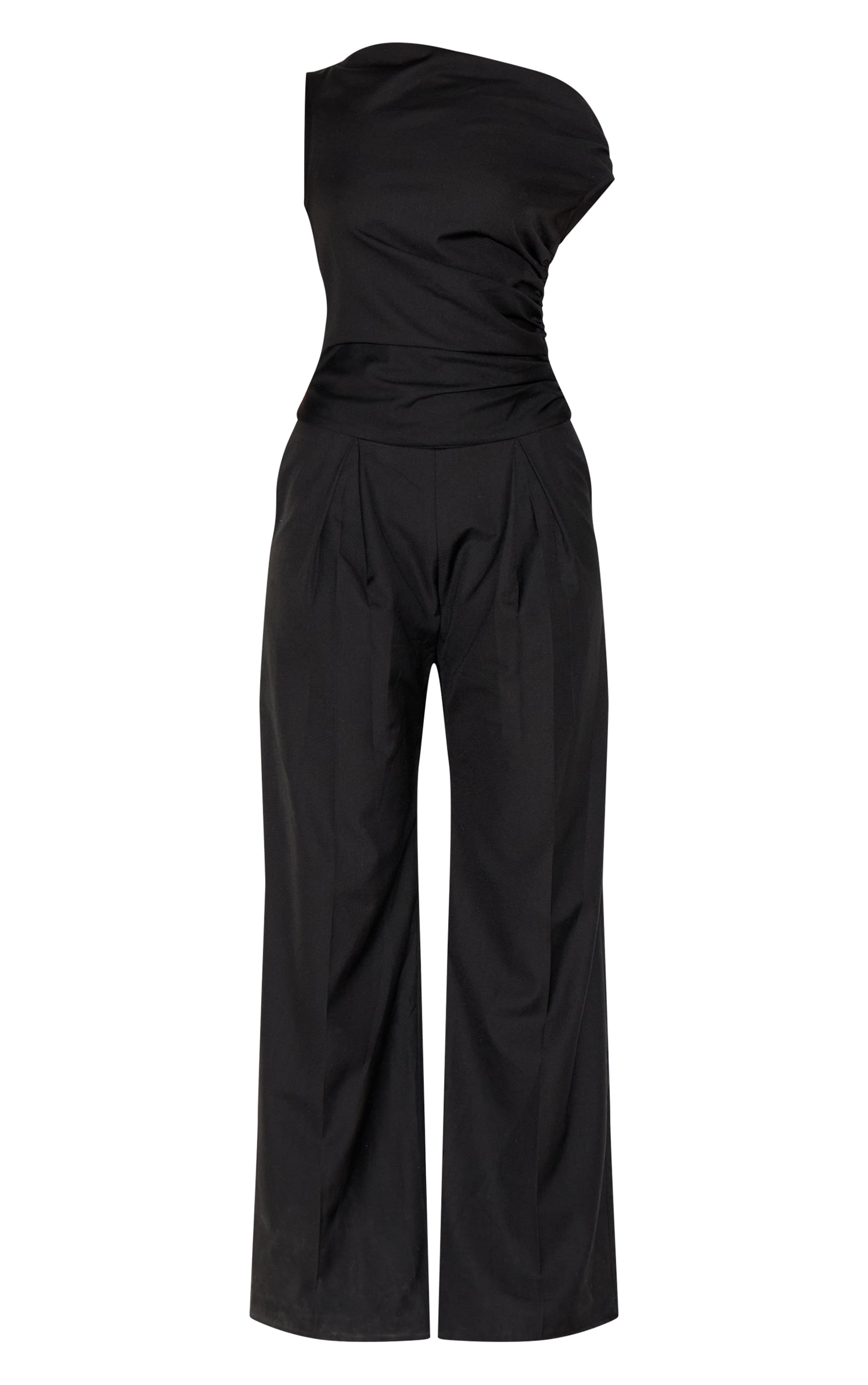 Black Woven Ruched One Sleeve Jumpsuit image 5