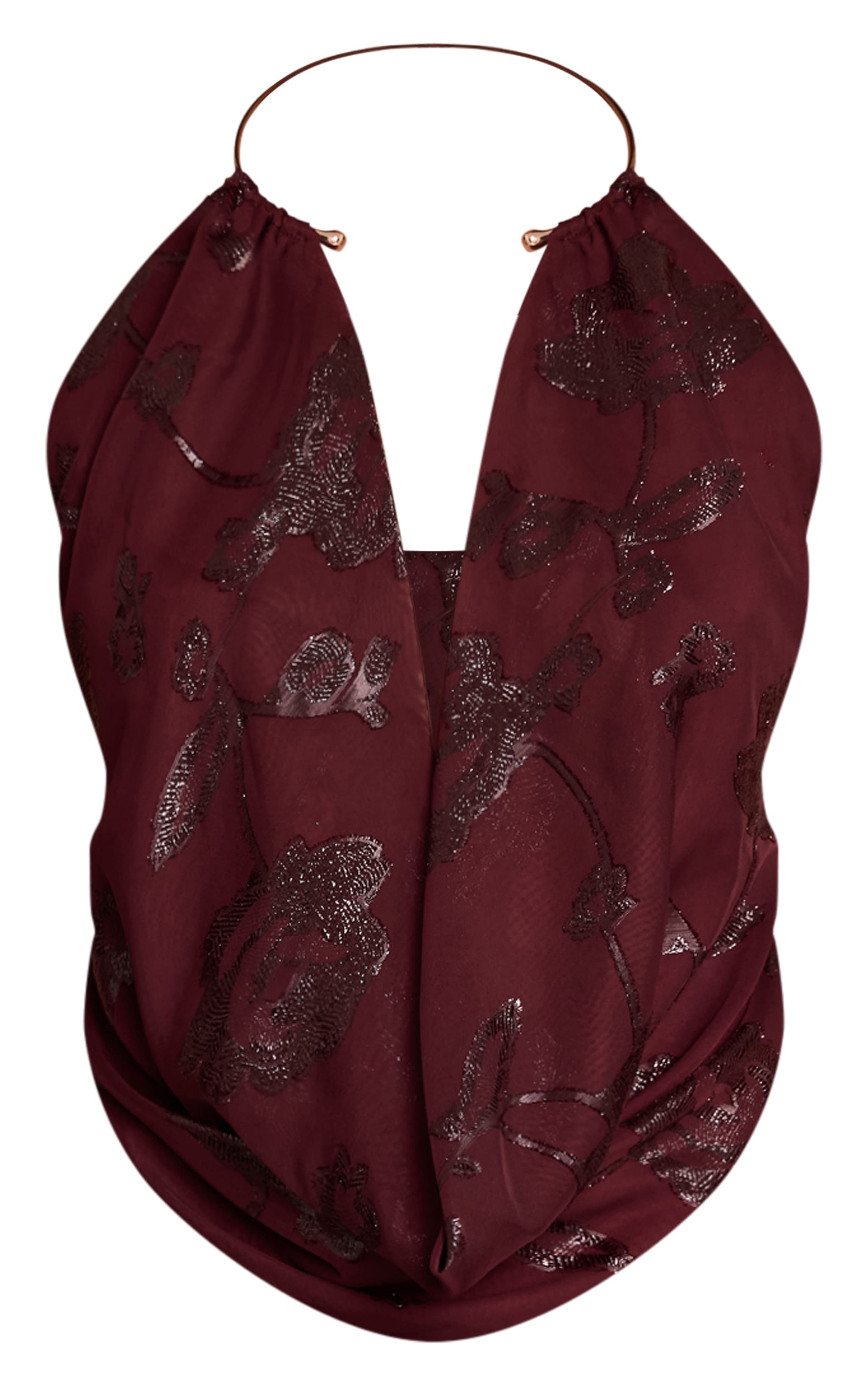 Wine Floral Glitter Chiffon Gold Halter Neck Trim Top  image 5