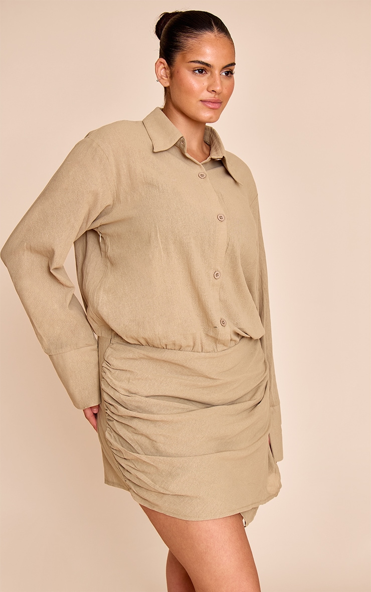 Plus Khaki Linen Look Shirt Style Long Sleeve Skort Playsuit image 3