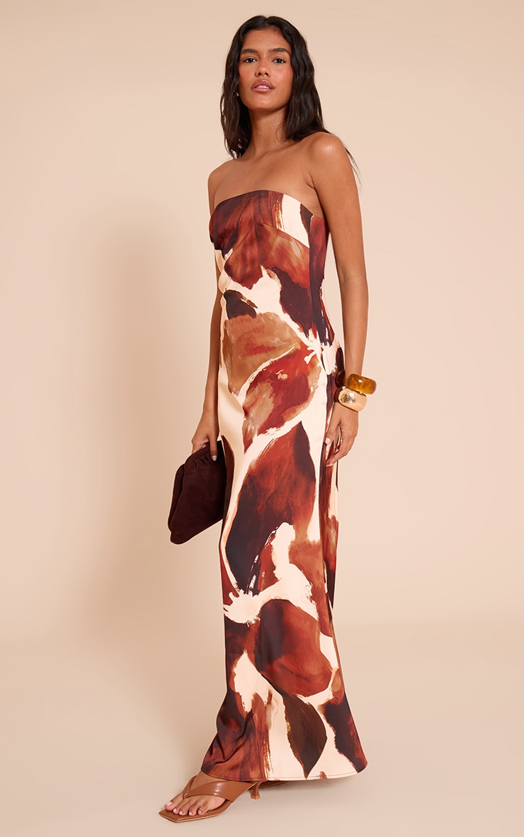 Brown Floral Satin Bandeau Maxi Dress image 3