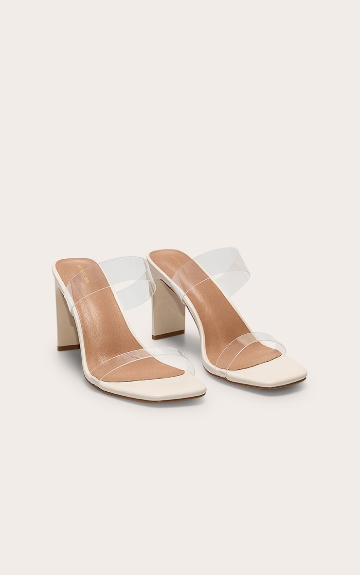 Mules carrées en PU blanc à talon carré fin haut à brides en Perspex image 3