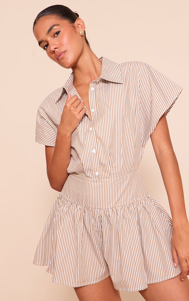 Chocolate Woven Striped Cinched Romper image 1