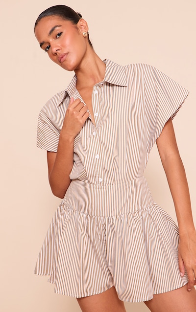 Chocolate Woven Striped Cinched Playsuit