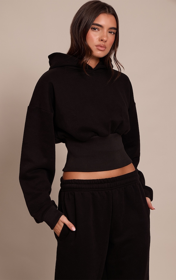 Black PLT Tab Cinched Waist Crop Hoodie