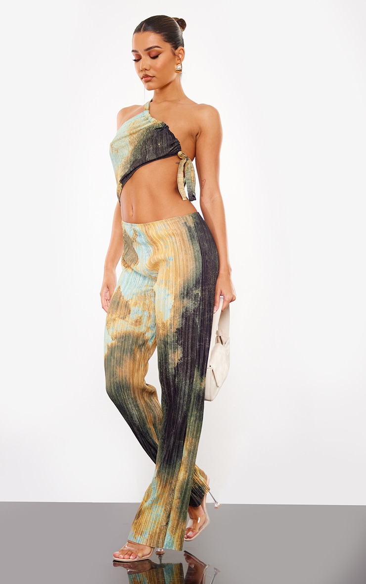 Multi Blurred Abstract Print Plisse Cut Out One Shoulder Jumpsuit image 3