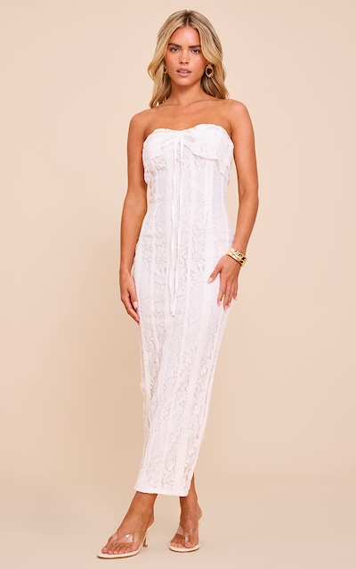 Petite White Fitted Lace Bandeau Maxi Dress
