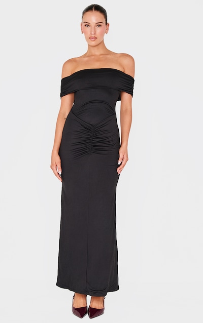 Black Double Contour Bardot Ruched Detail Maxi Dress
