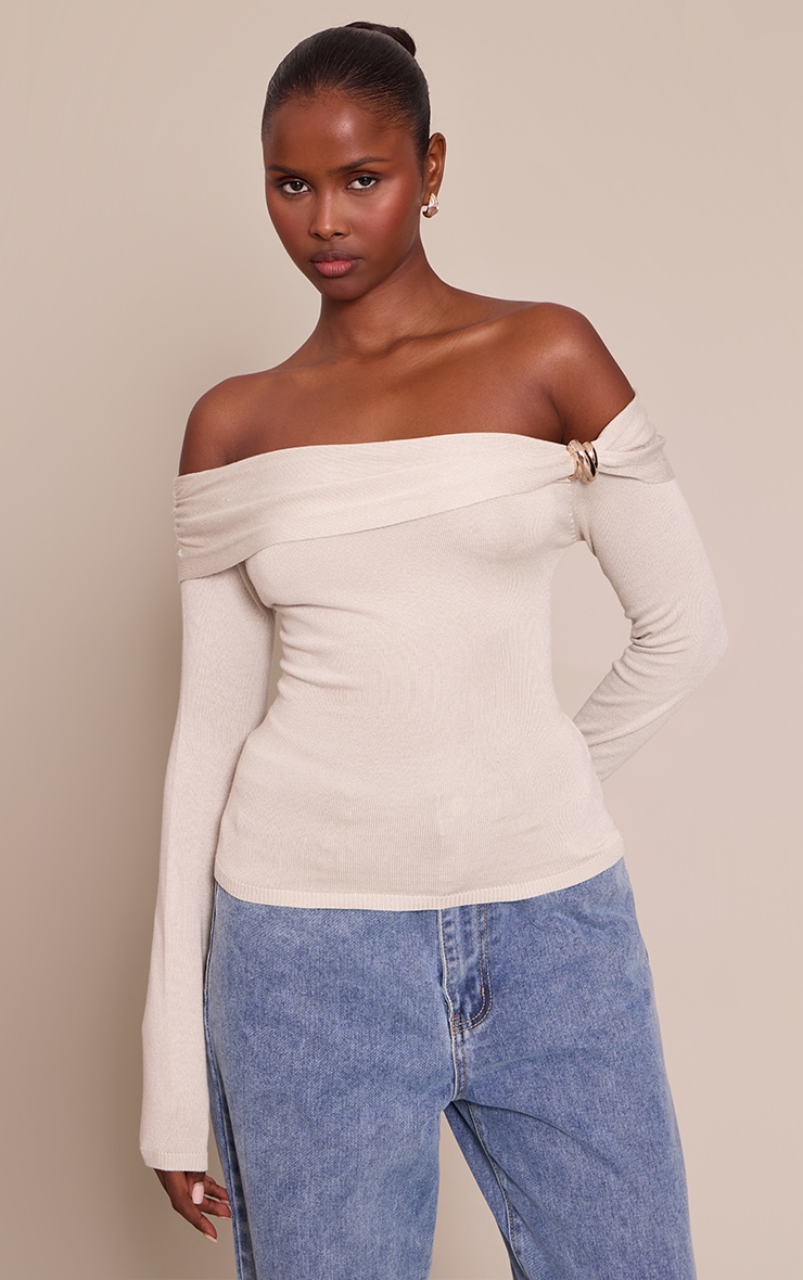 Oatmeal Long Sleeve Twist Shoulder Detail Knitted Top