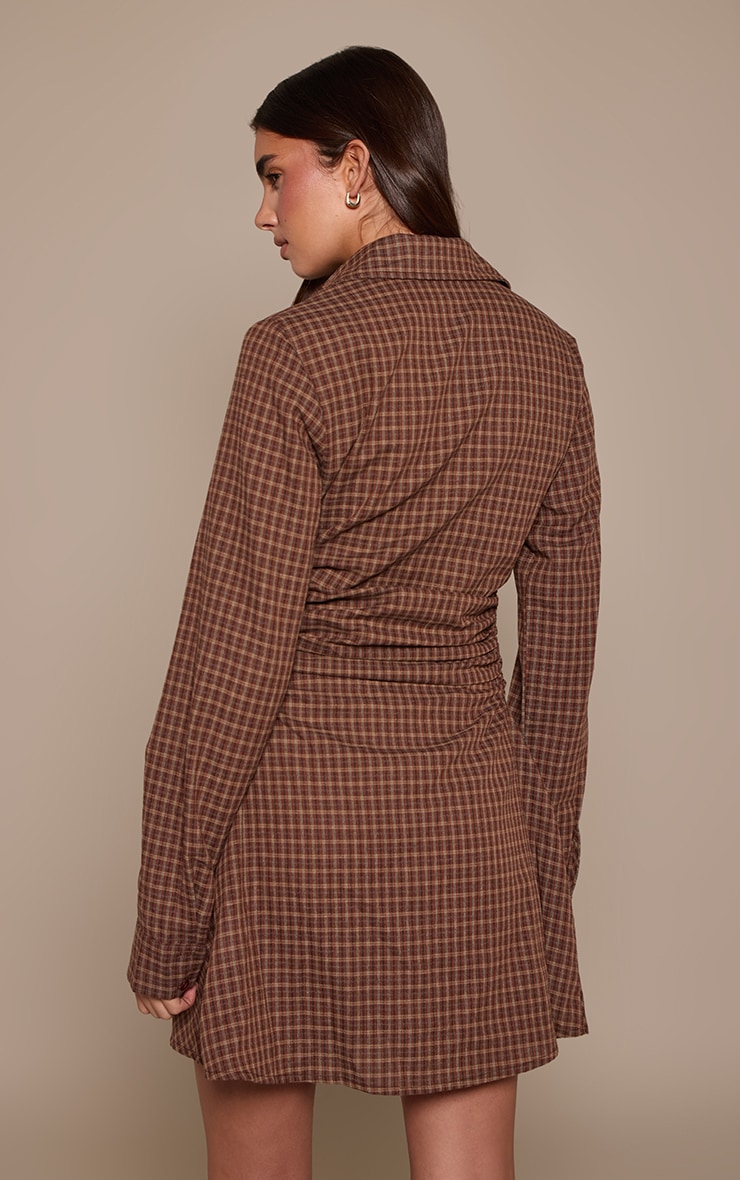 Brown Check Button Down Ruched Long Sleeve Shirt Dress image 2
