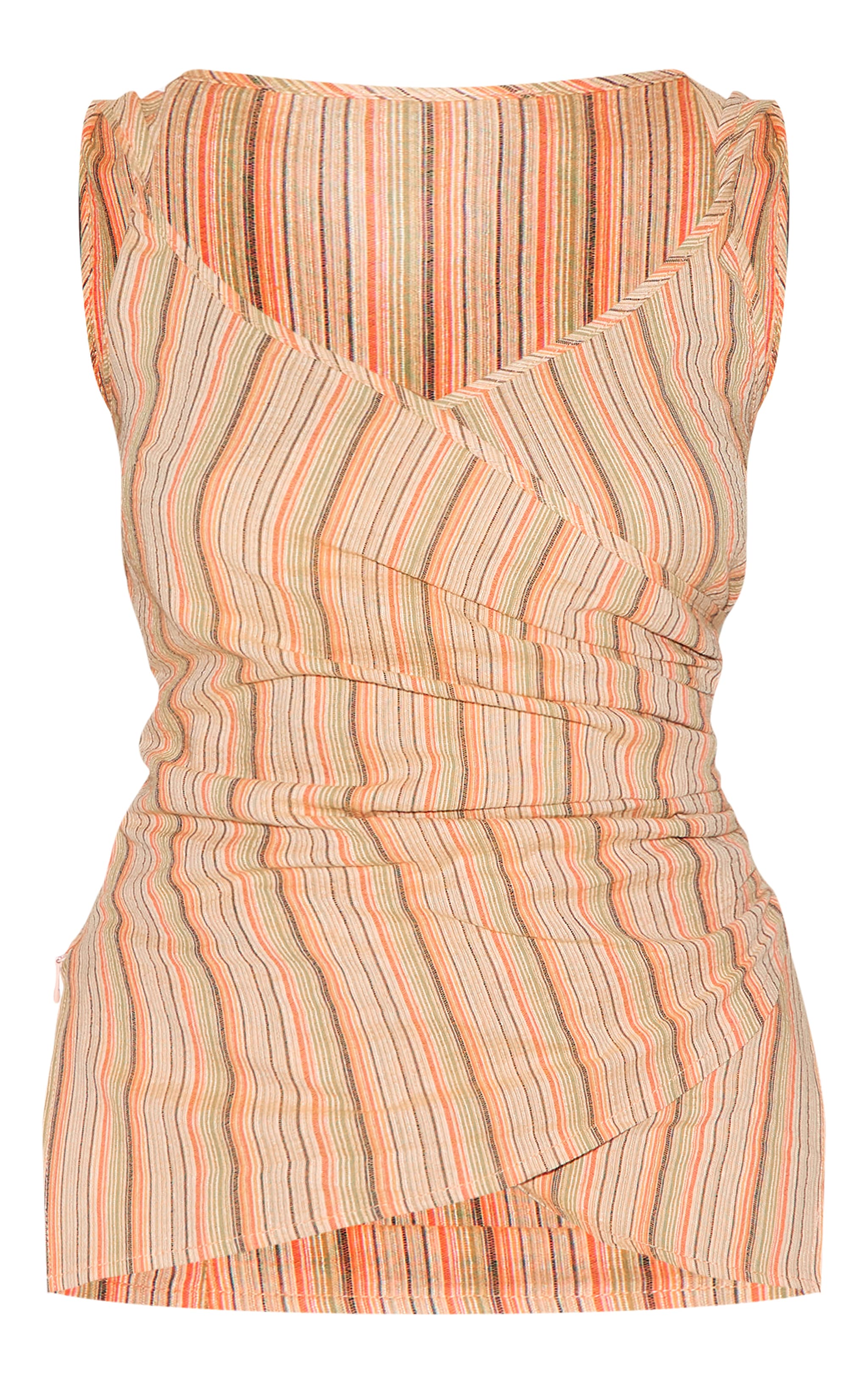 Orange Linen Look Striped Ruched Wrap Front Top image 5