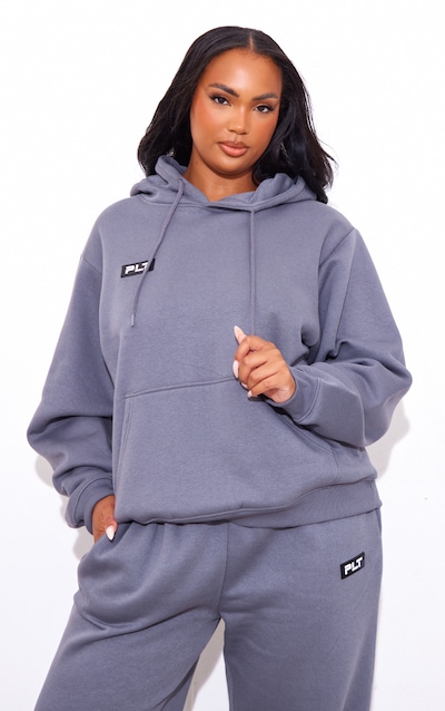 PRETTYLITTLETHING Plus Charcoal Logo Badge Detail Oversized Hoodie