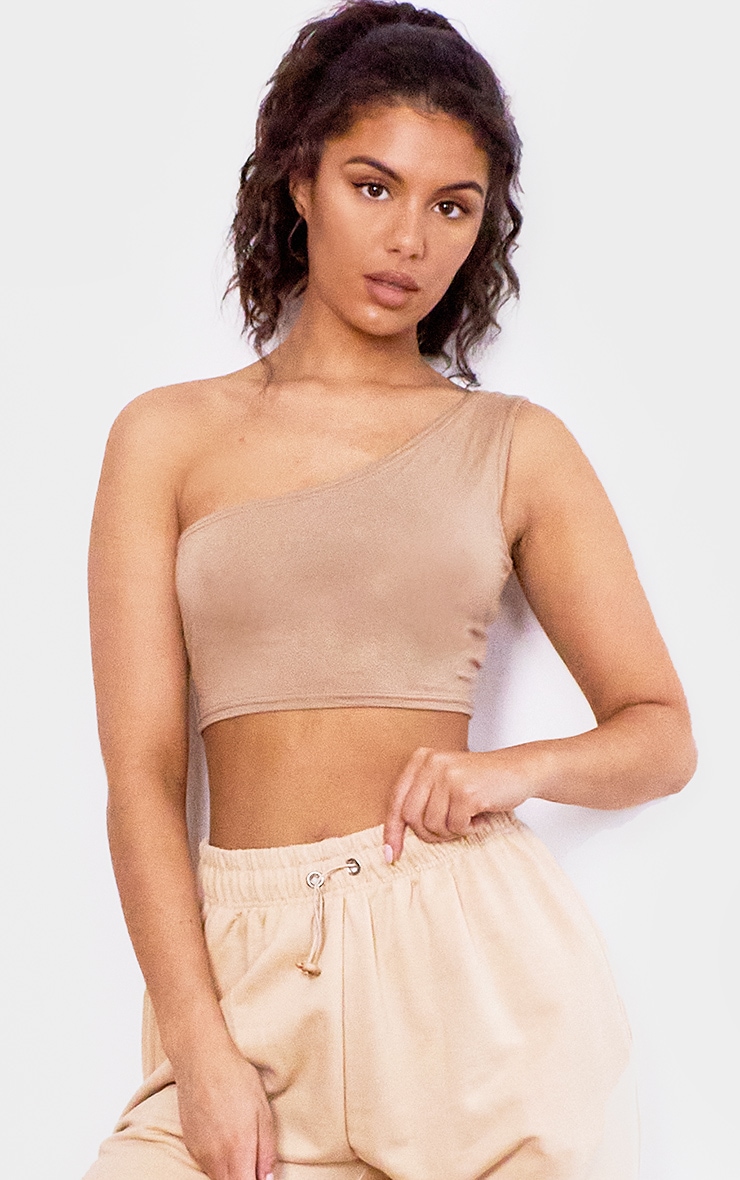 Taupe Basic Jersey One Shoulder Crop Top
