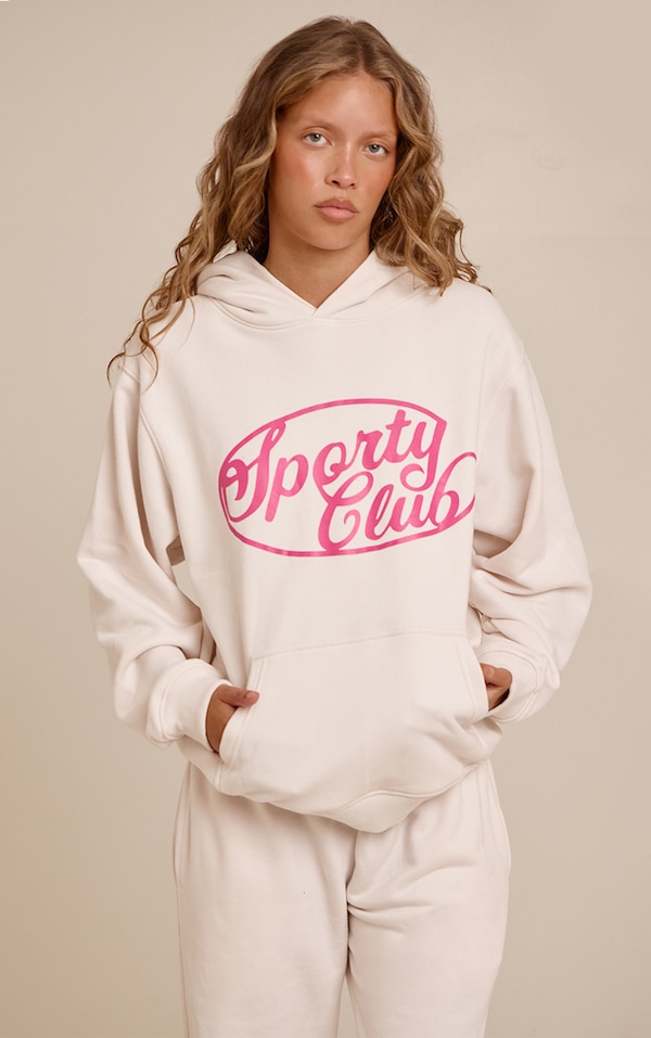Cream Sports Club Cotton Fleece Oversized Pull Over Hoodie