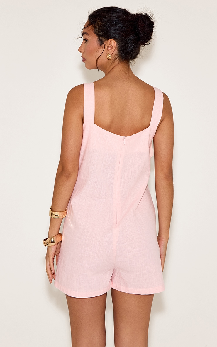 Pale Pink Linen Look Tie Shoulder Pocket Detail Romper image 2
