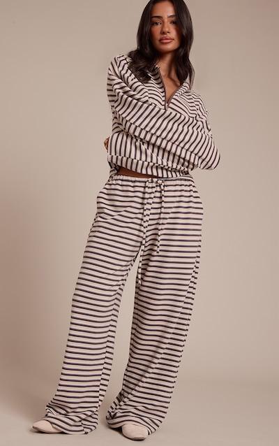 Petite Brown Striped Soft Fleece Straight Leg Track Pants