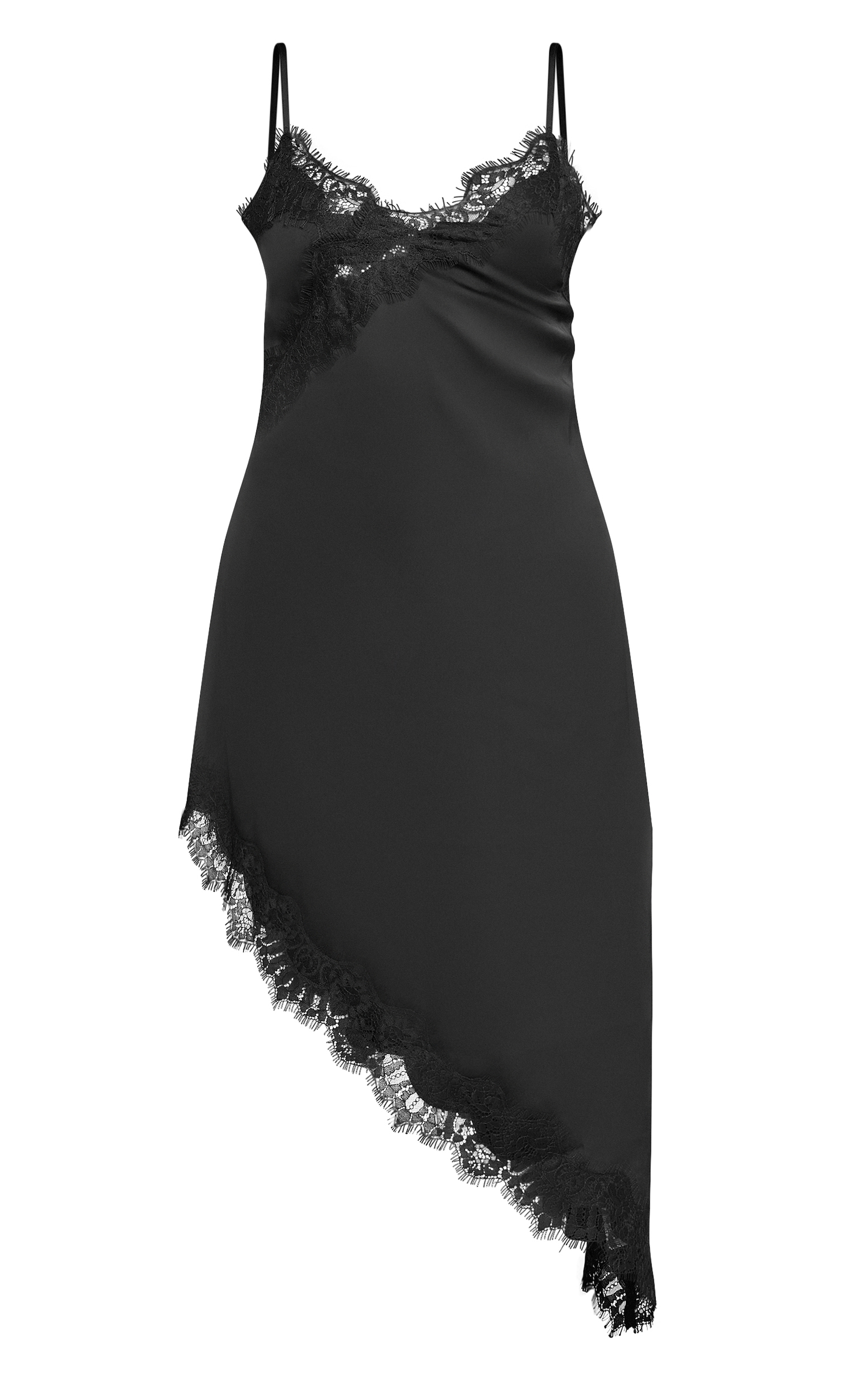 Black Satin Asymmetric Lace Mini Dress image 5