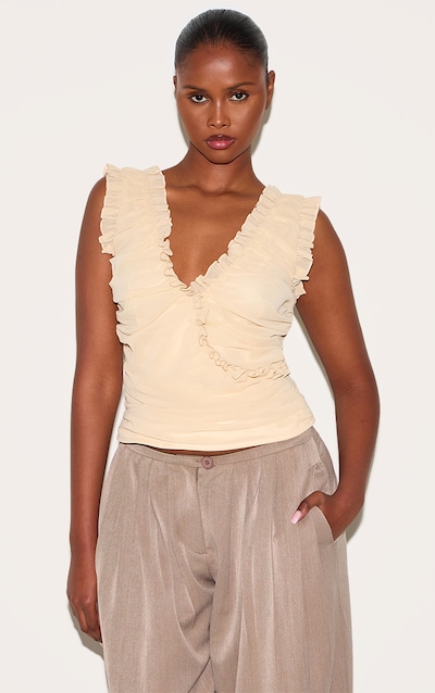 Butter Cream Chiffon Ruffle Ruched Sleeveless Top