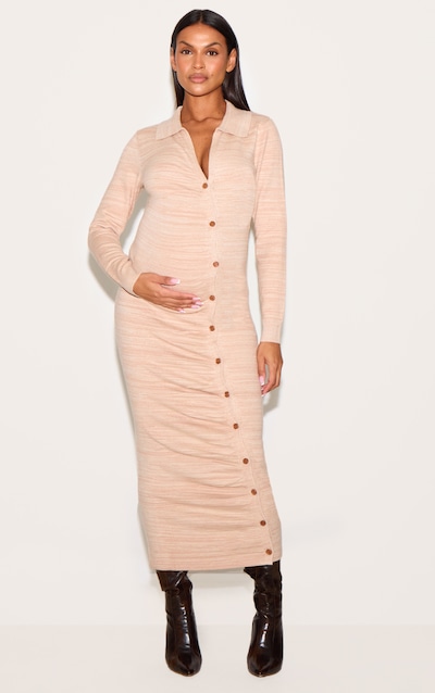 Maternity Stone Knitted Asymmetric Buttons Ruched Bump Midi Dress