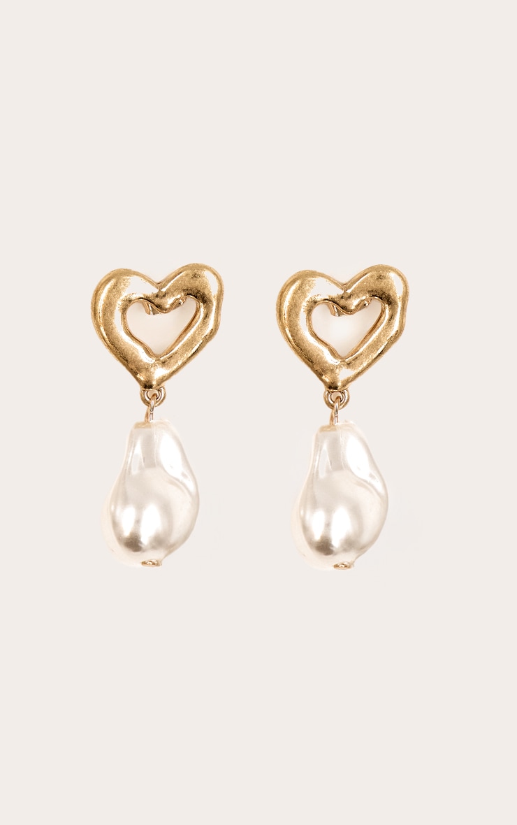 Gold Brushed Textured Open Heart Pearl Drop image 2