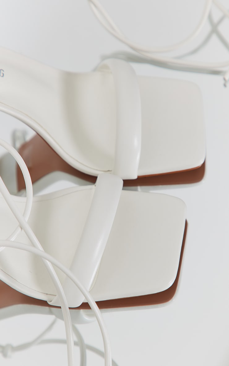 White Wide Fit Pu Square Toe Padded Strap Tie Up High Heeled Sandals image 4