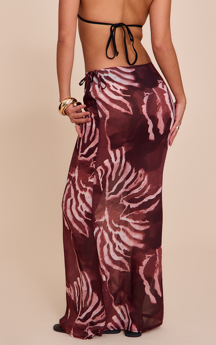 Brown Abstract Print Sheer Low Rise Maxi Skirt image 3