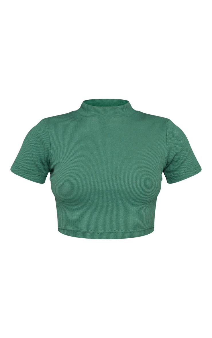  Dark Green Rib High Neck Short Sleeve Crop image 1